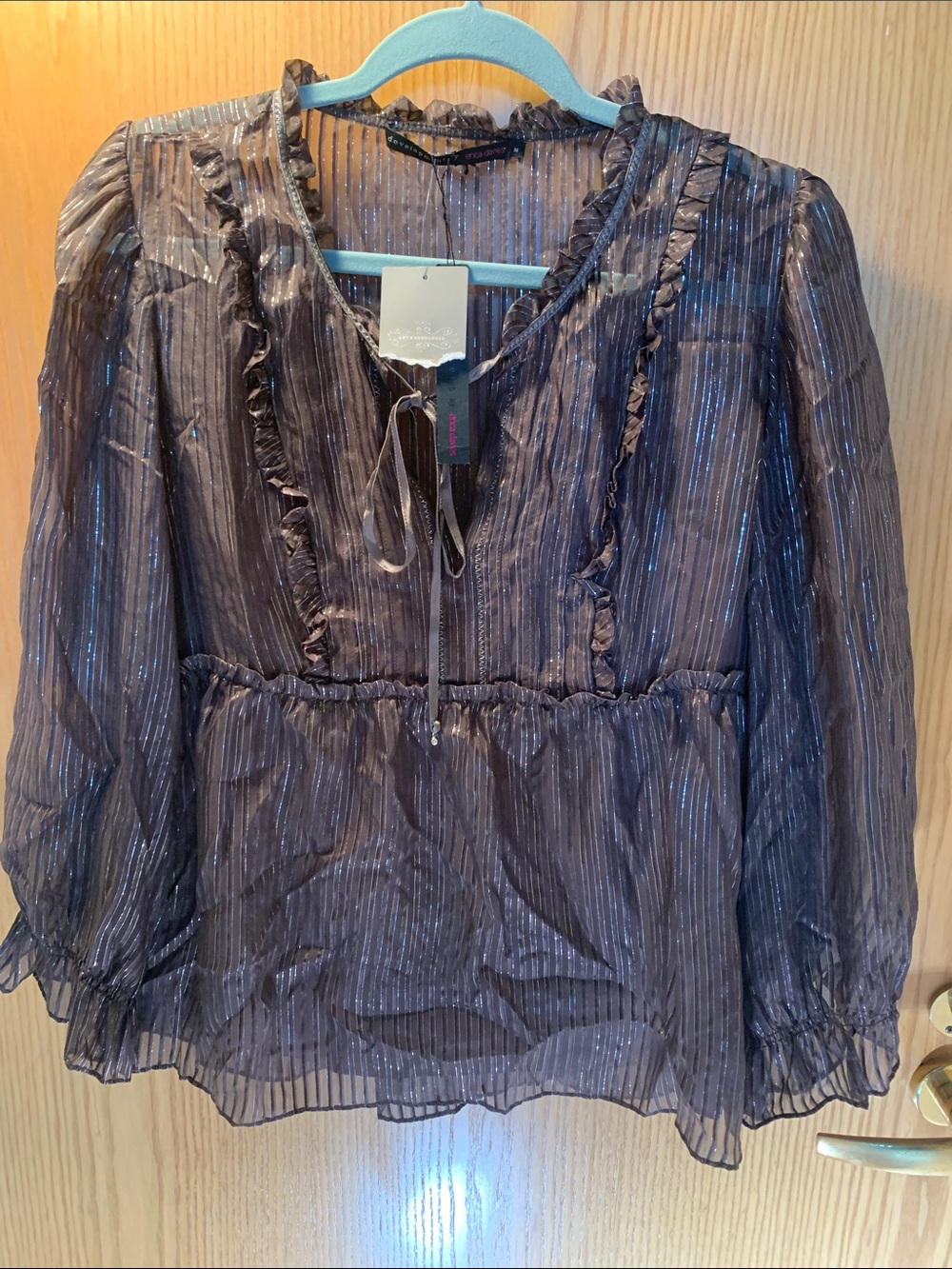 New! Anthropologie Silk Sheer Brown/ Metallic Striped Ruffle Blouse - Lined- M